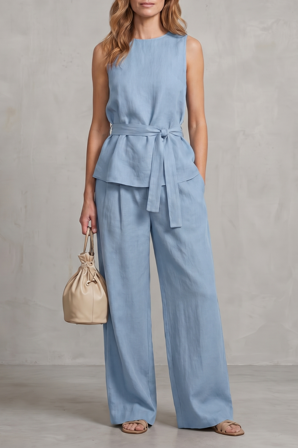Close-up of the clean neckline on the sleeveless tailored top