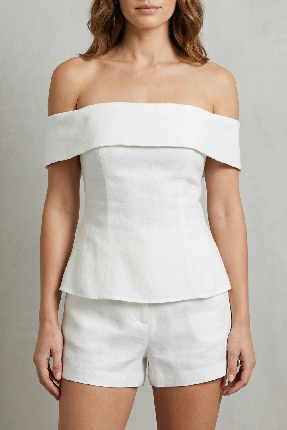 Women's off-shoulder peplum top and tailored shorts set, front view