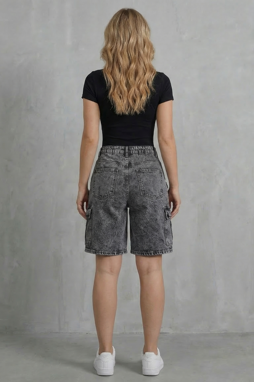 Women's High Rise Denim Cargo Shorts in Gray - Prielle
