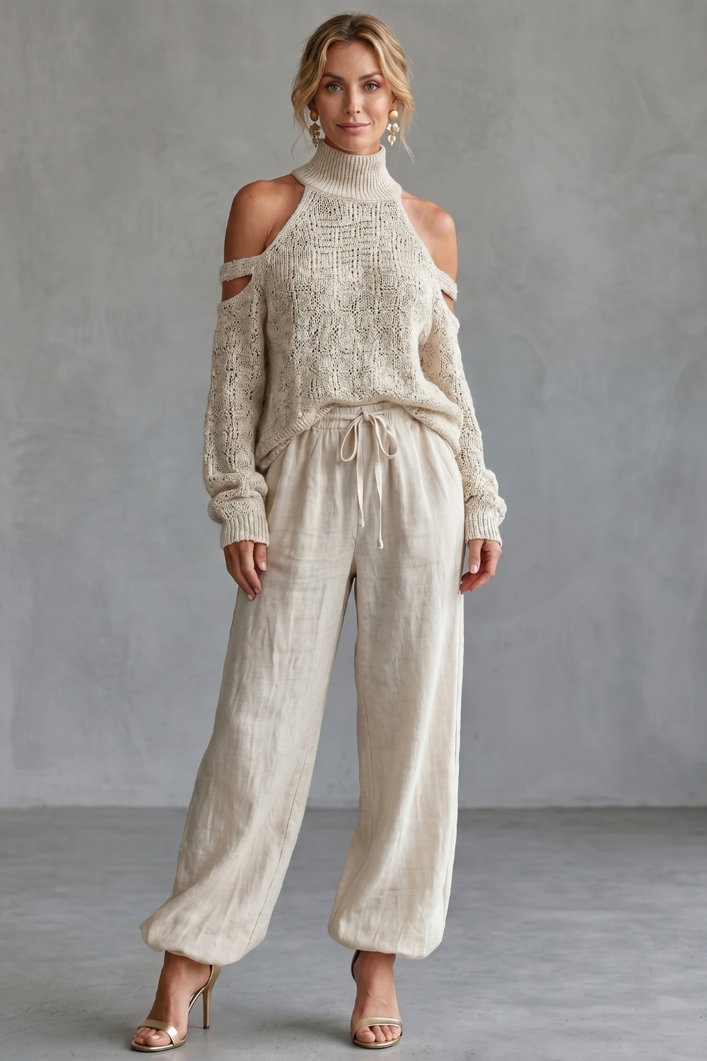Side view of the open-shoulder knit top and wide-leg pants set