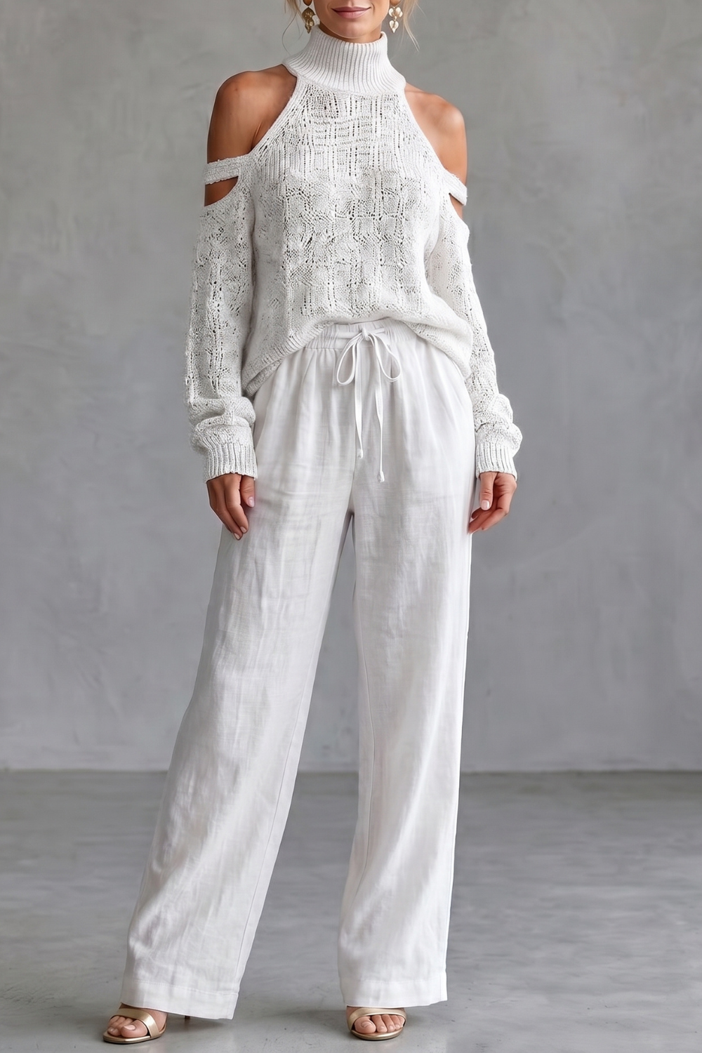 White colorway, full-length view of the open-shoulder knit set
