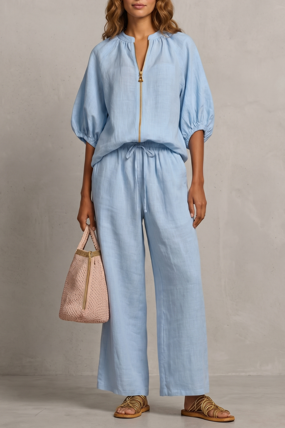 Women's zip-front puff sleeve top and wide-leg pants set, front view