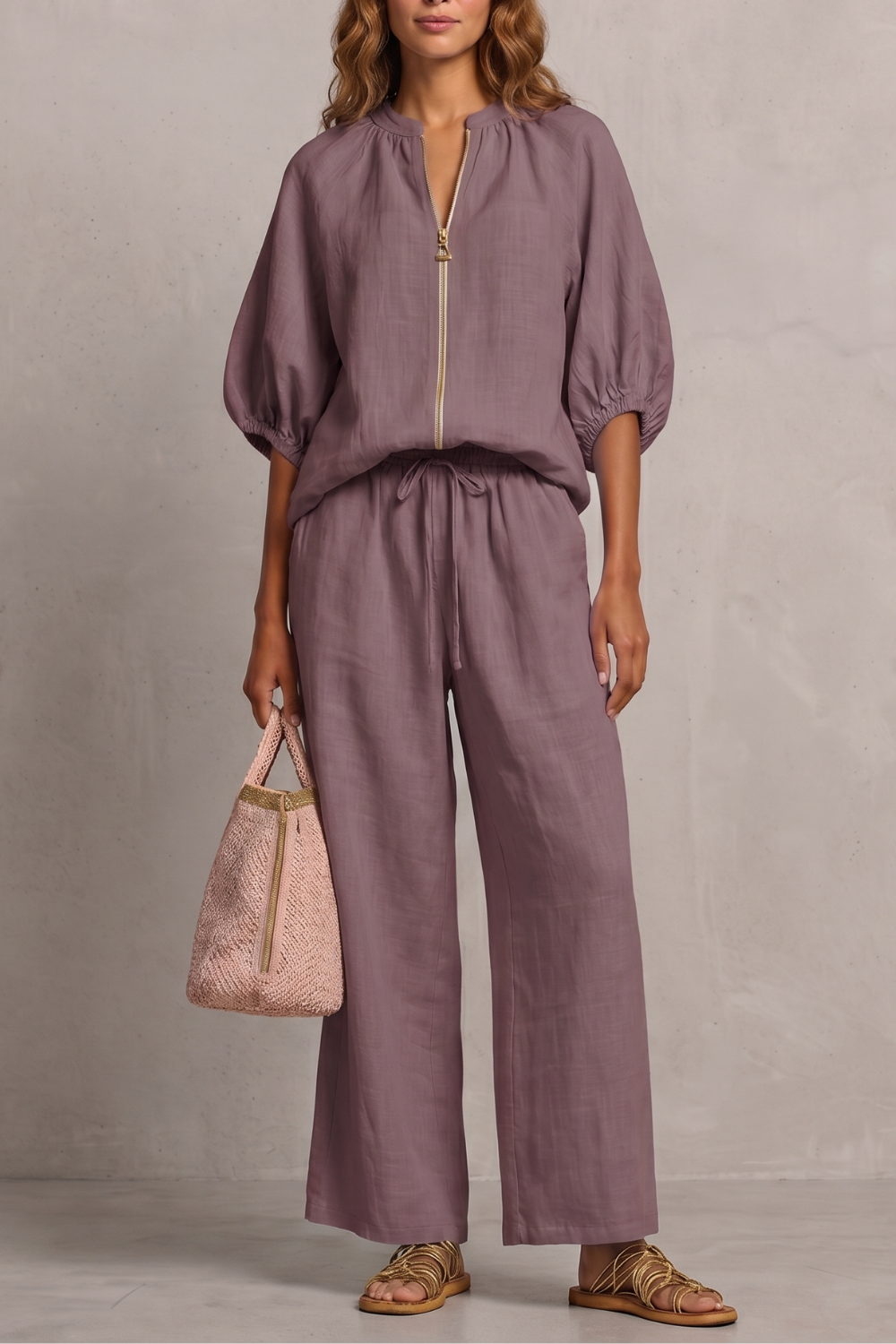 Wine Red colorway of the zip-front puff sleeve pants set, full-length view