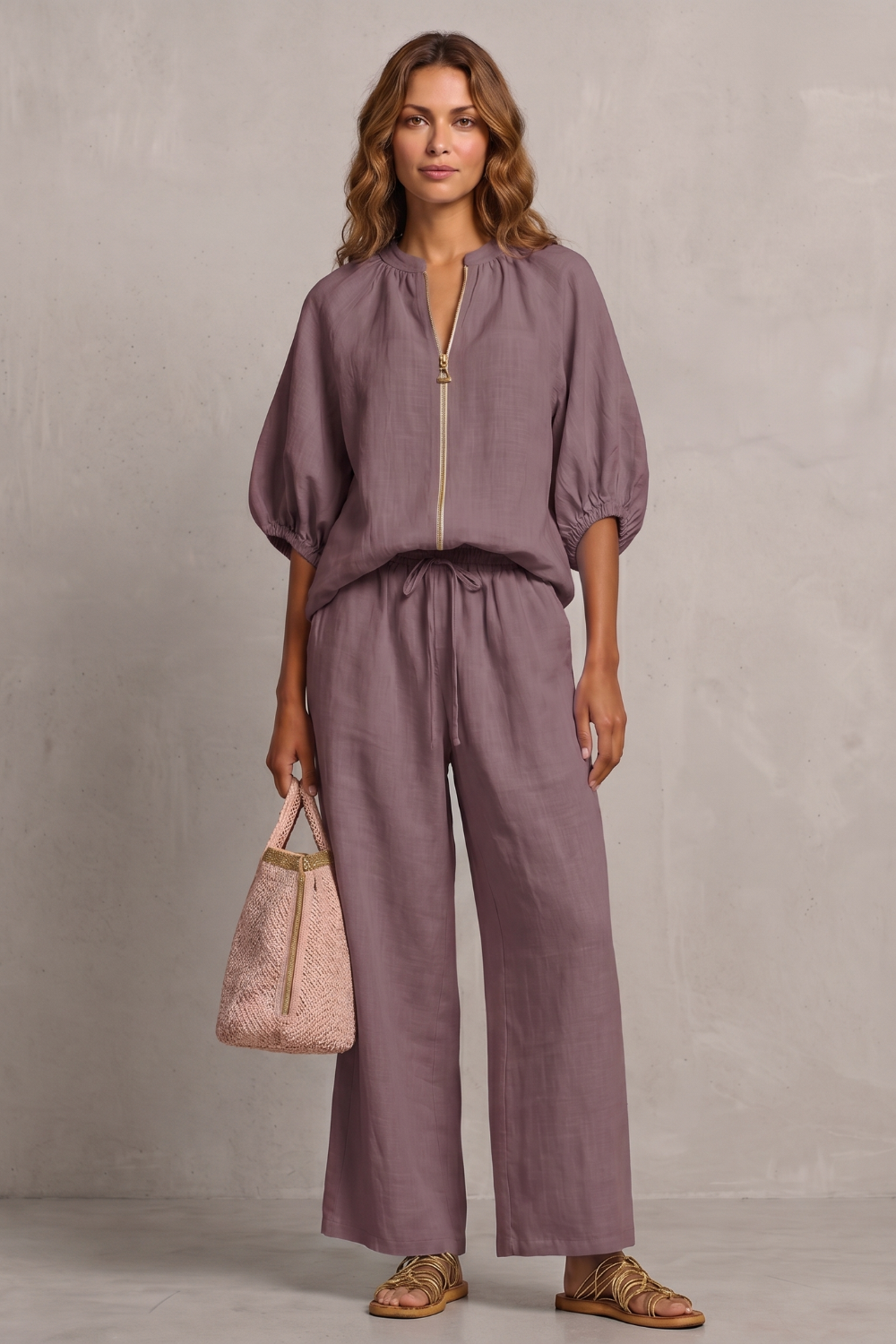 Light Green colorway of the zip-front top and wide-leg pants set, full-length view