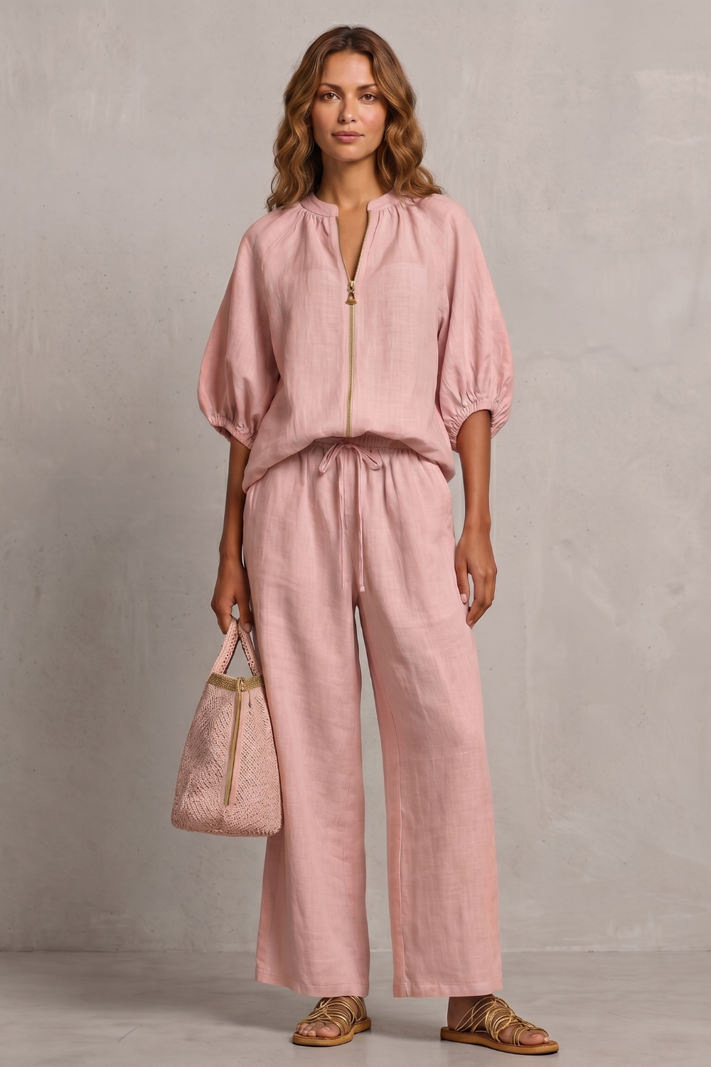 Zip-front pants set styled with heeled mules and gold jewelry for evening