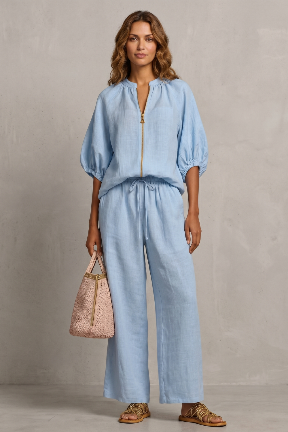 Side view of the zip-front top and wide-leg pants two-piece set