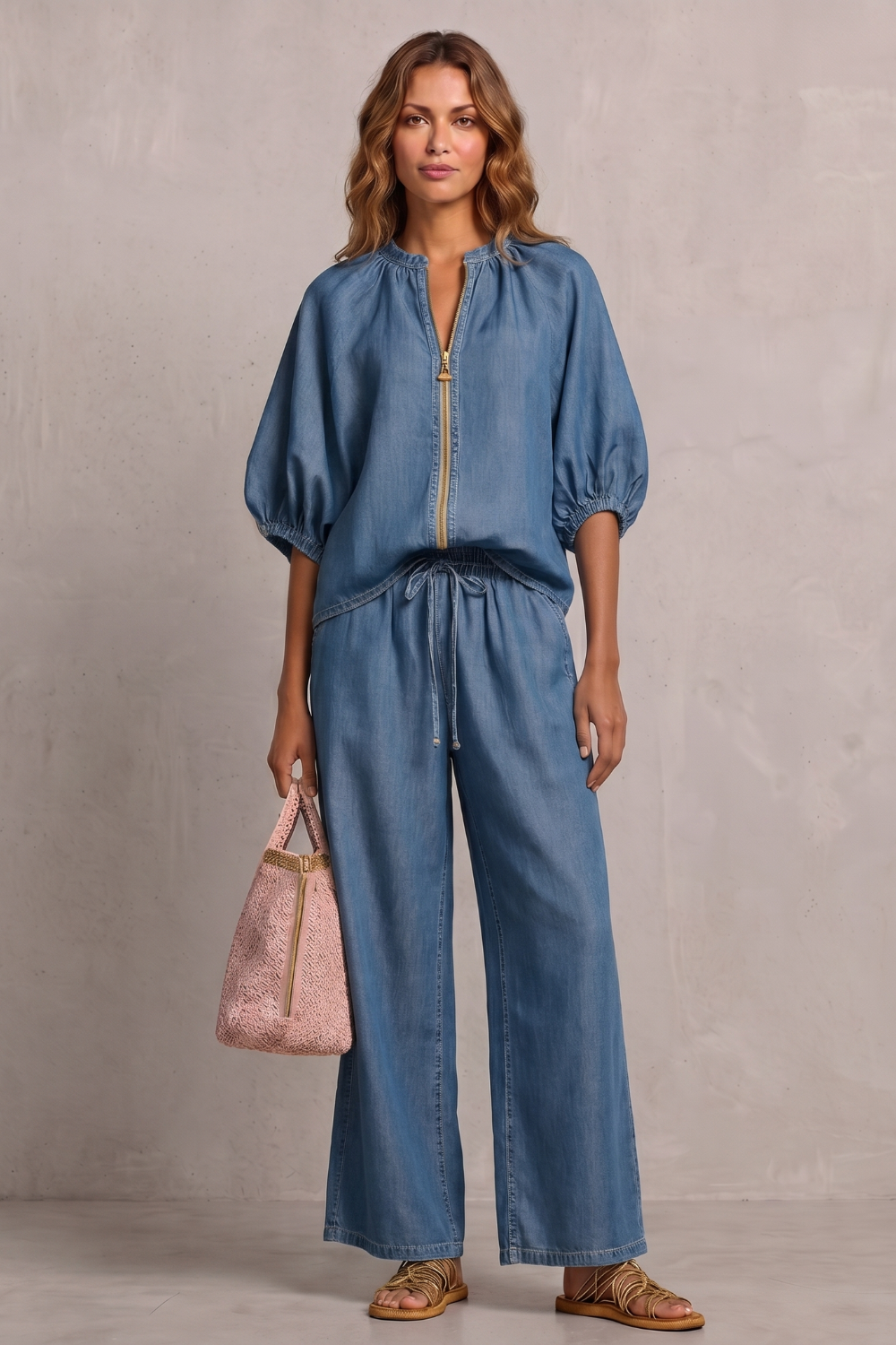 Detail close-up of the elasticated drawstring waist on the wide-leg pants