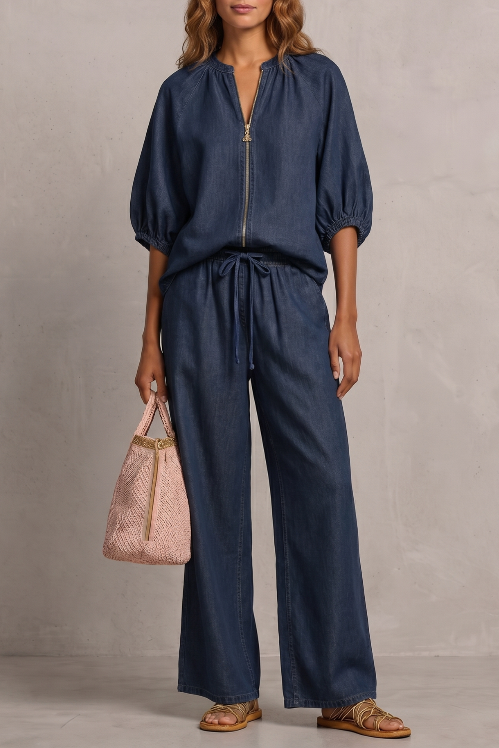 Close-up of the lightweight lined fabric and soft drape of the set