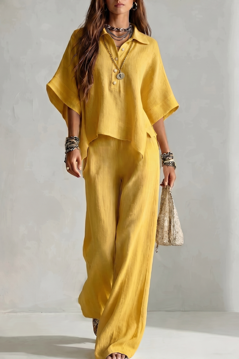 Set styled with loafers and a structured handbag for city wear