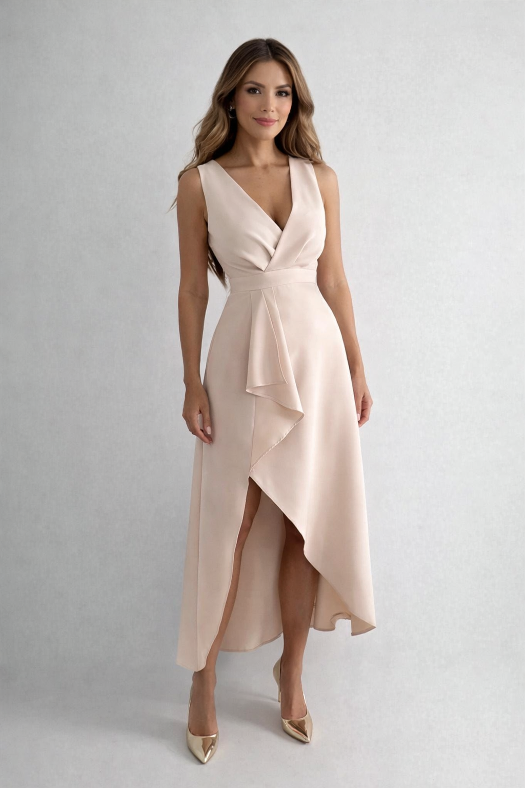 Women's sleeveless wrap maxi dress with V-neck and asymmetrical hem in beige