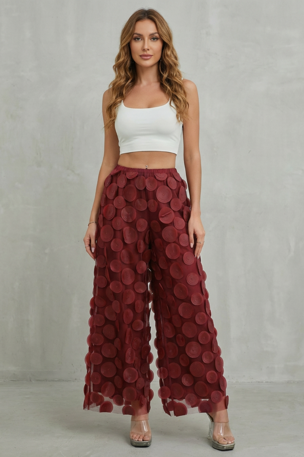 Women's Wide Leg Pants with 3D Appliqué - Rubienne