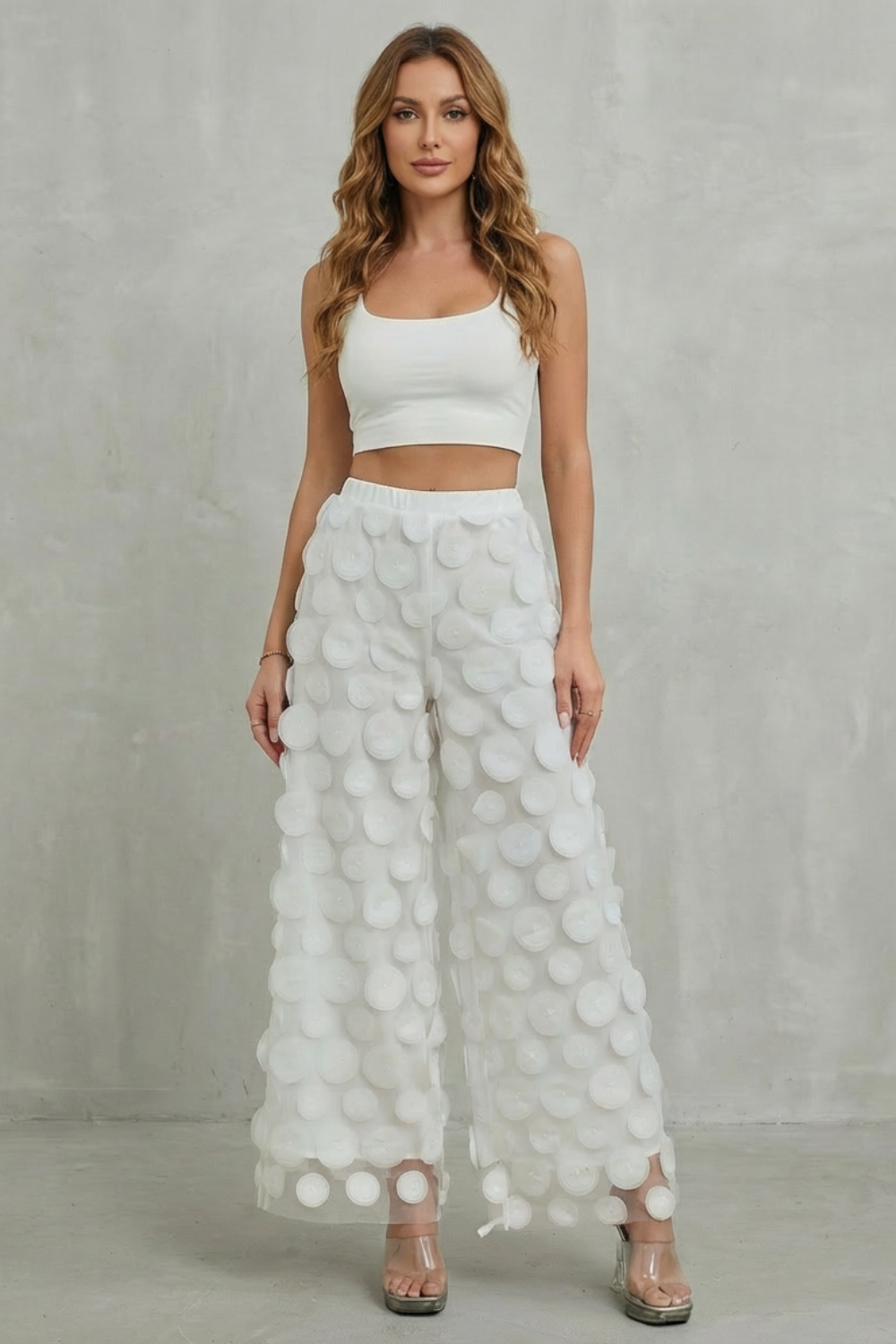 Women's Wide Leg Pants with 3D Appliqué - Rubienne