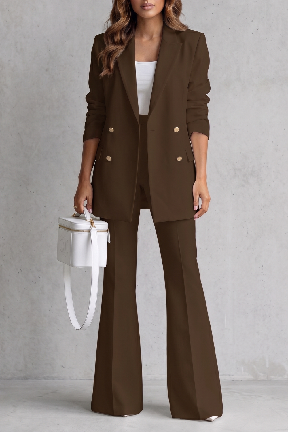 Brown colorway of the tailored suit set, full-length view