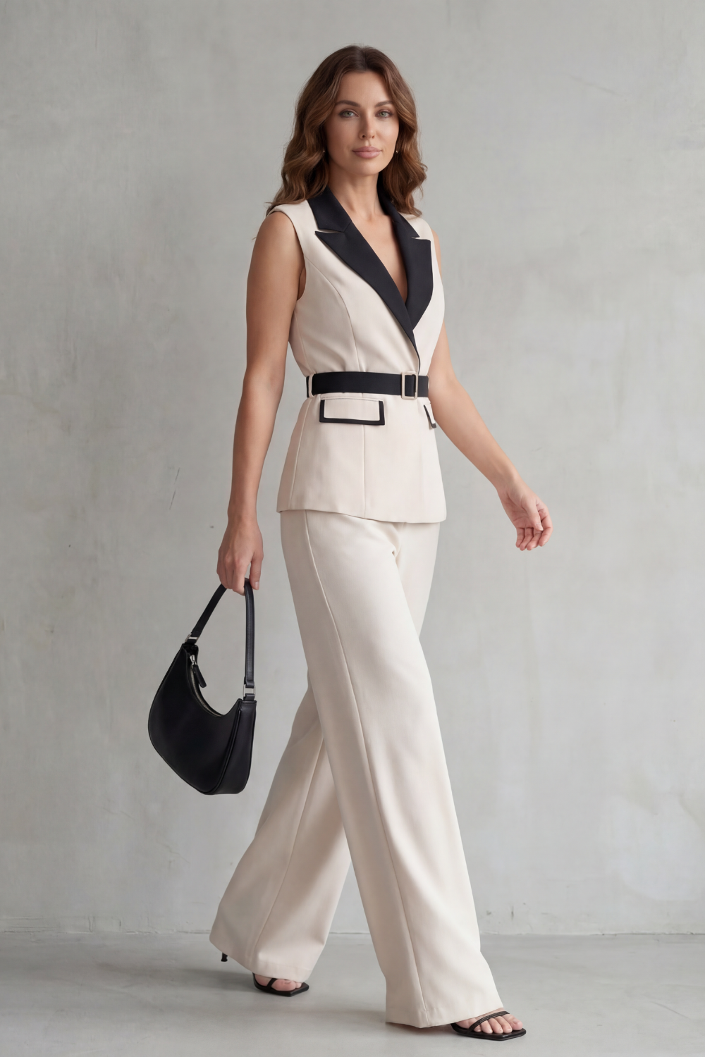 Back view of the tailored sleeveless suit set with wide-leg pants