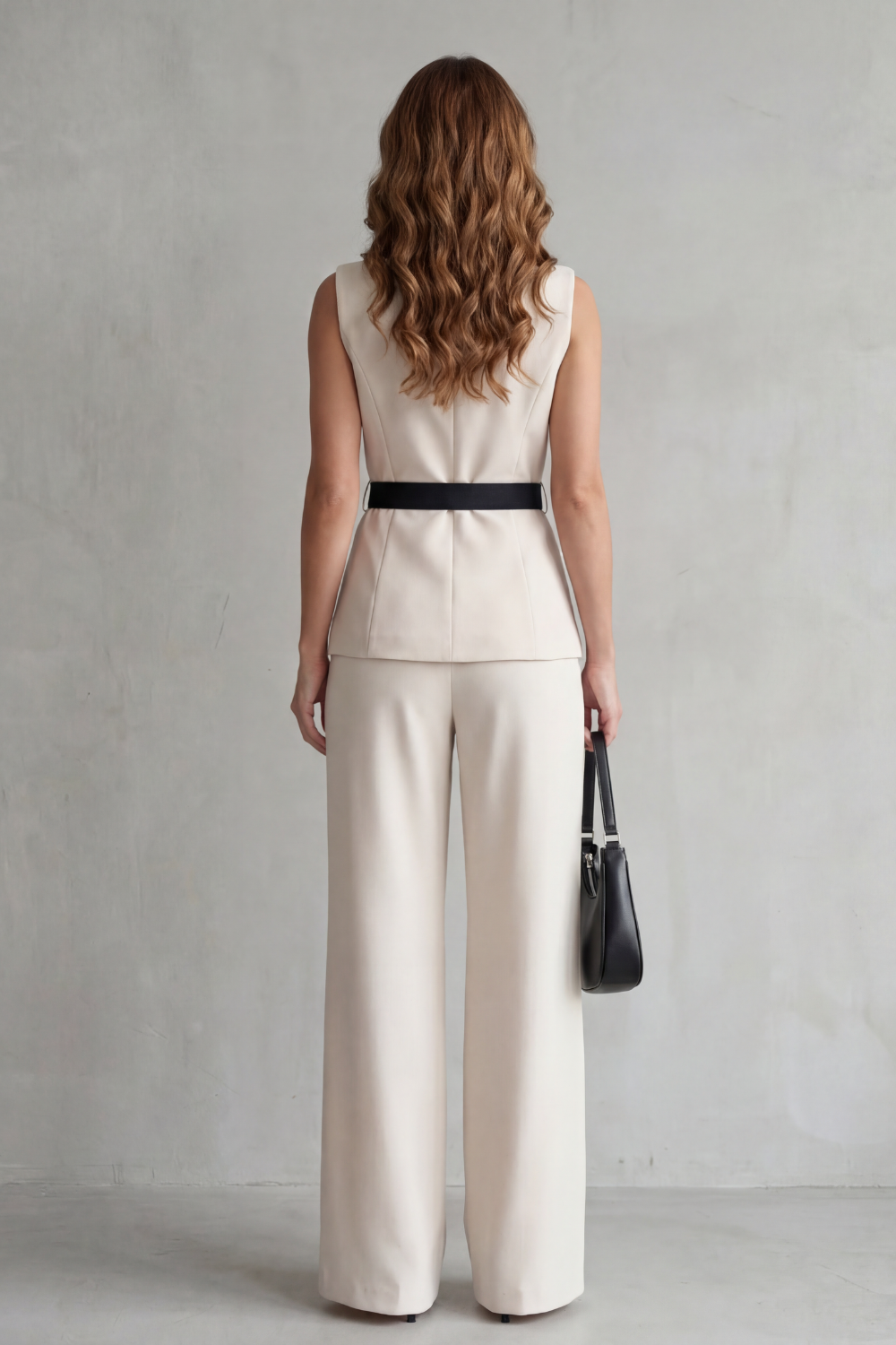 Detail close-up of the contrasting two-tone lapel on the sleeveless blazer