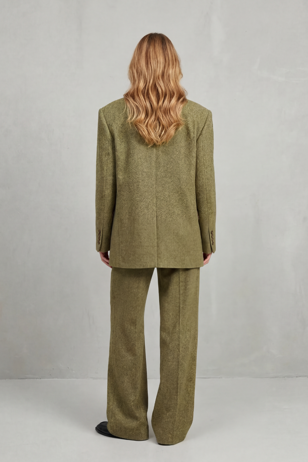 Olive Green colorway, full-length view of the tailored suit set