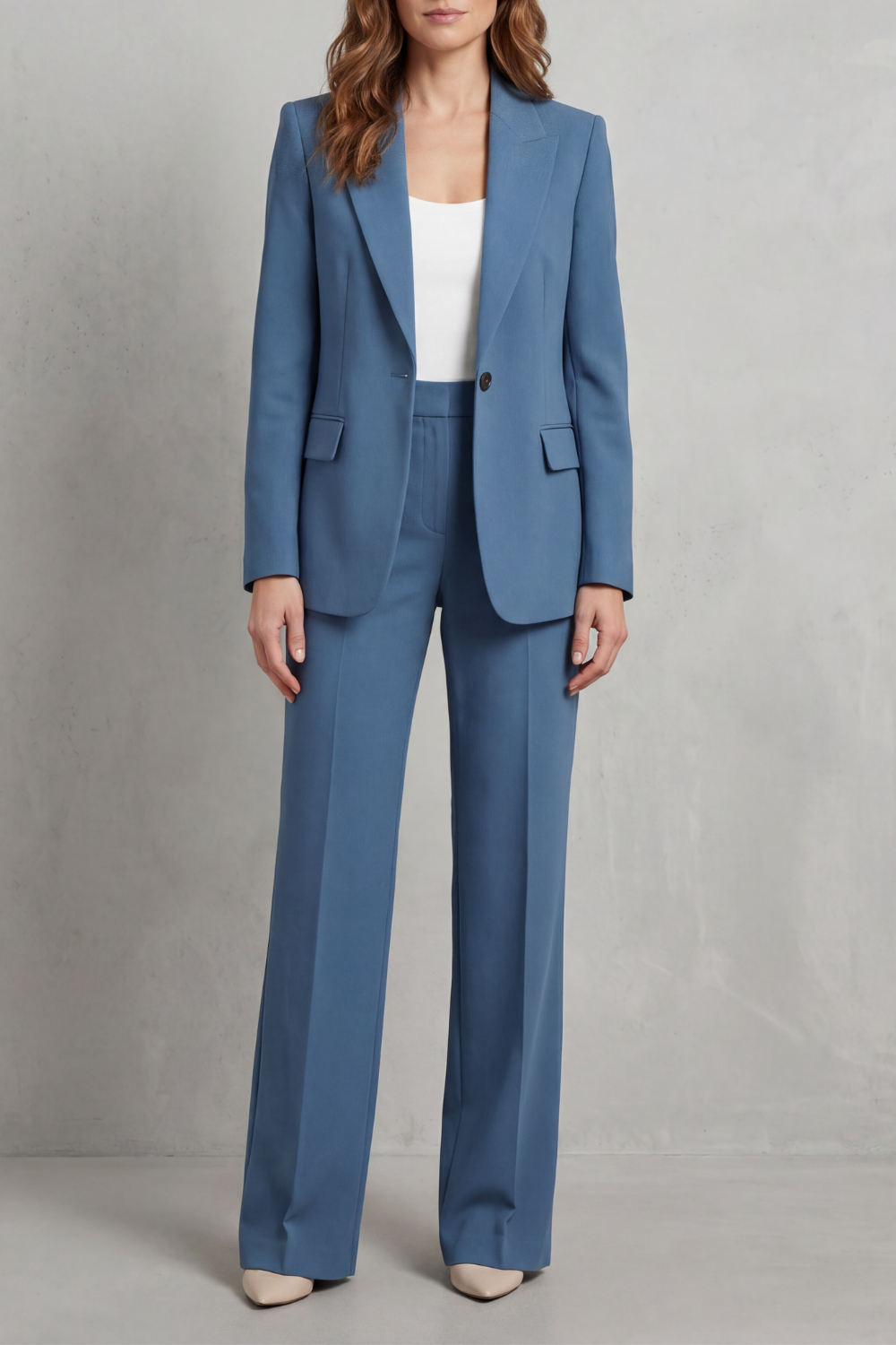 Women's tailored blazer and straight-leg pants power suit set, front view