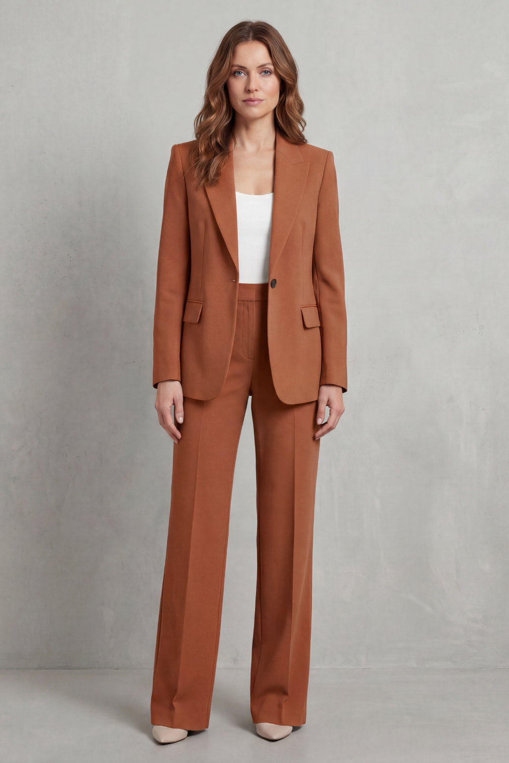 Brown colorway of the tailored blazer and pants suit set, full-length view