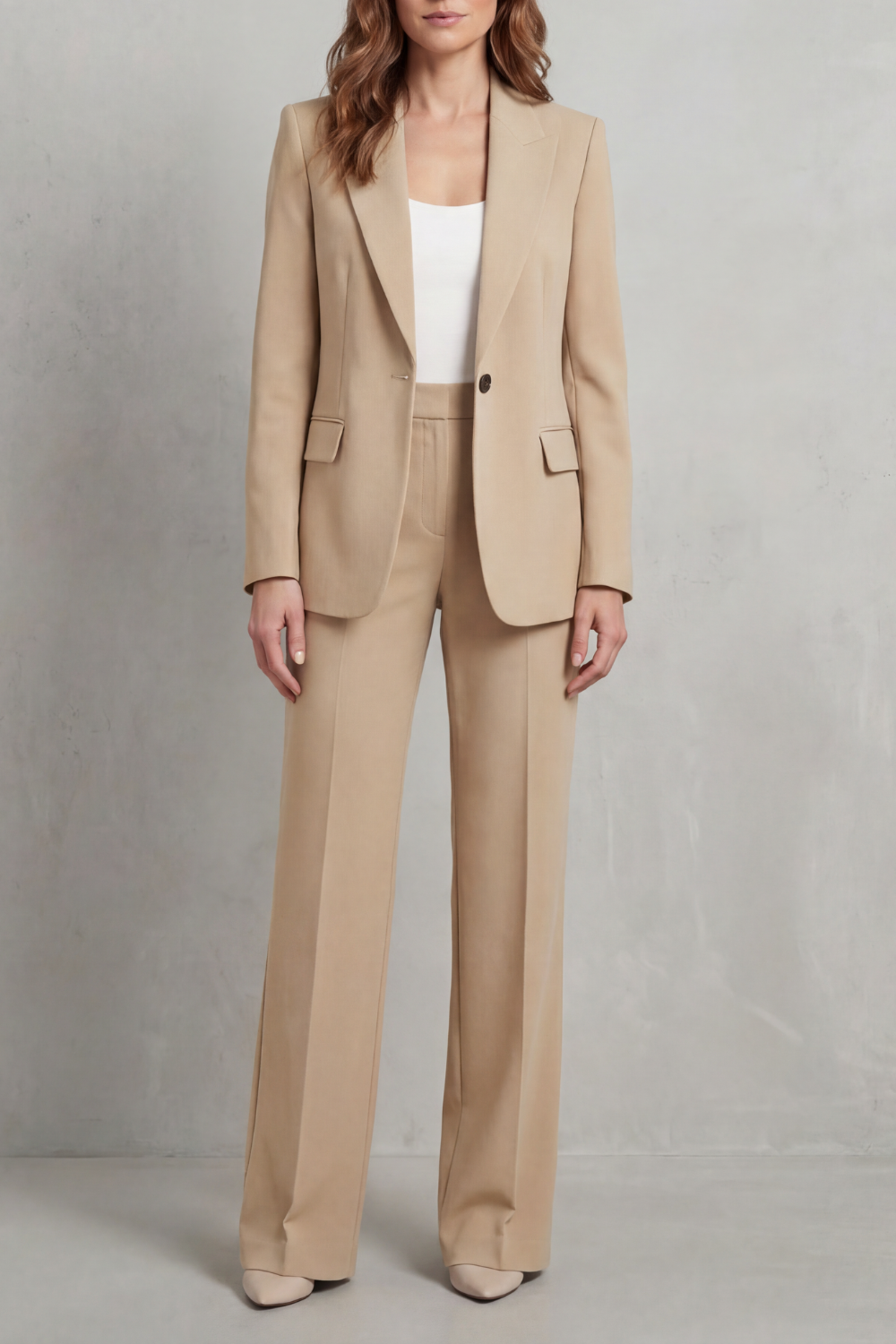 Blue colorway of the tailored blazer and pants suit set, full-length view