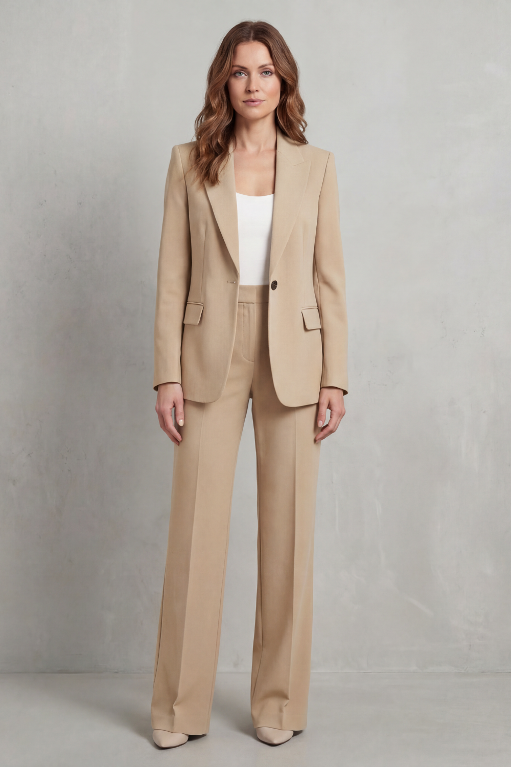 Gray colorway of the tailored blazer and pants suit set, full-length view