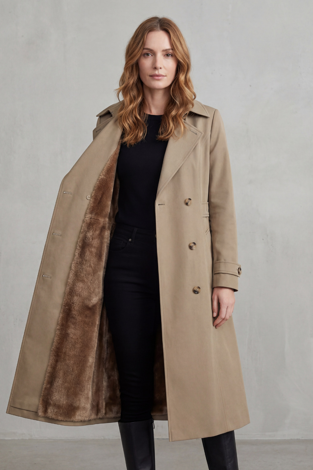 Women's Double-Breasted Winter Coat with Faux Fur Lining - Carletta