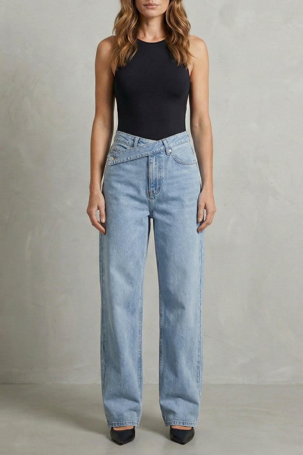 Women's High Rise Asymmetric Straight Leg Jeans - Rivienne