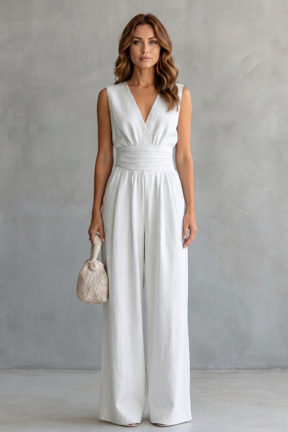 Light Blue colorway of the sleeveless V-neck jumpsuit, full-length view