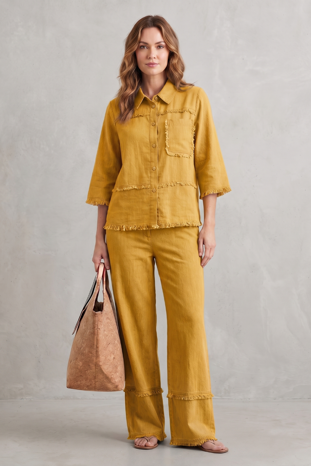 Yellow colorway of the linen wide-leg pants set, full-length view
