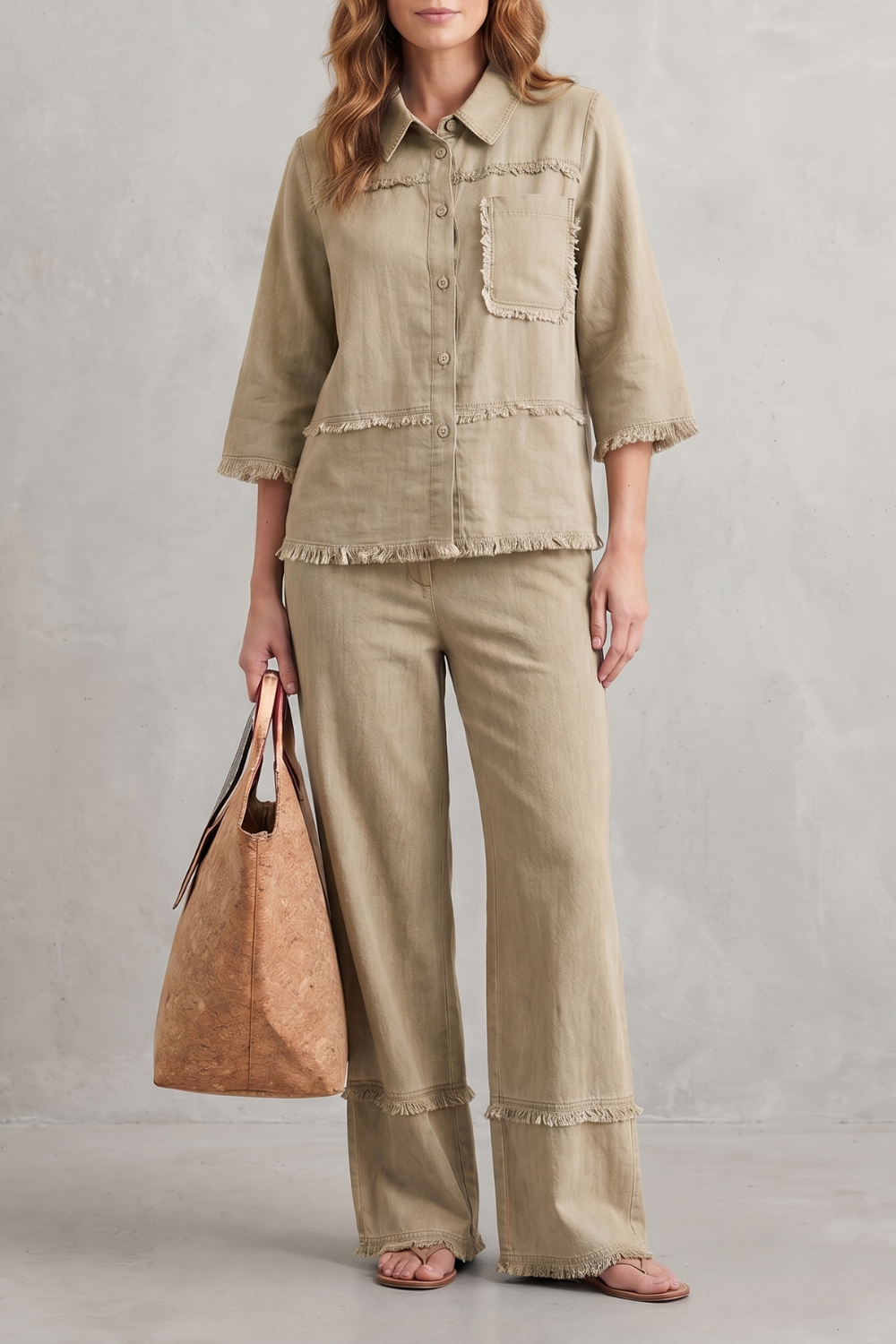 Khaki colorway of the linen wide-leg pants set, full-length view