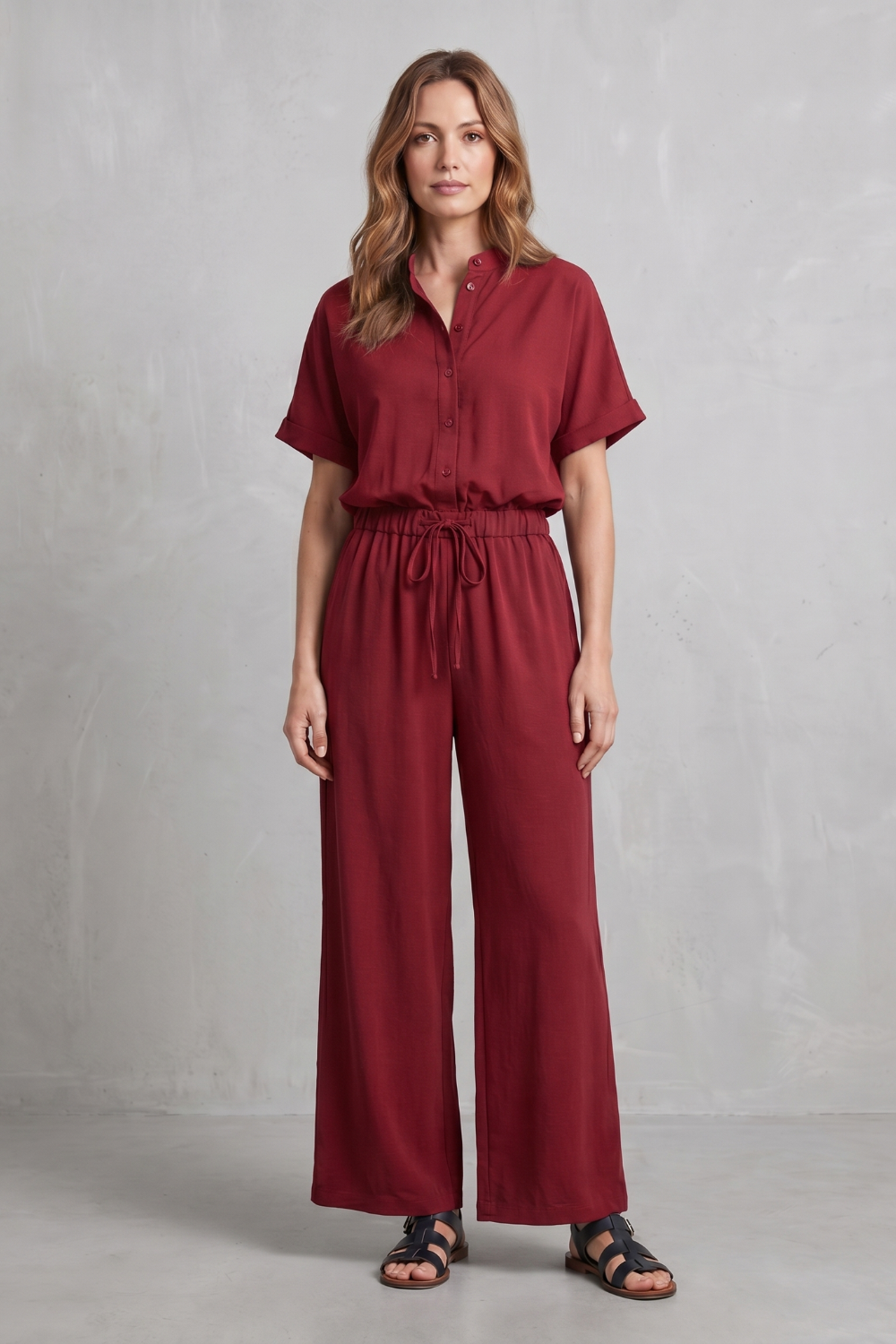 Khaki colorway of the short-sleeve top and pants set, full-length view