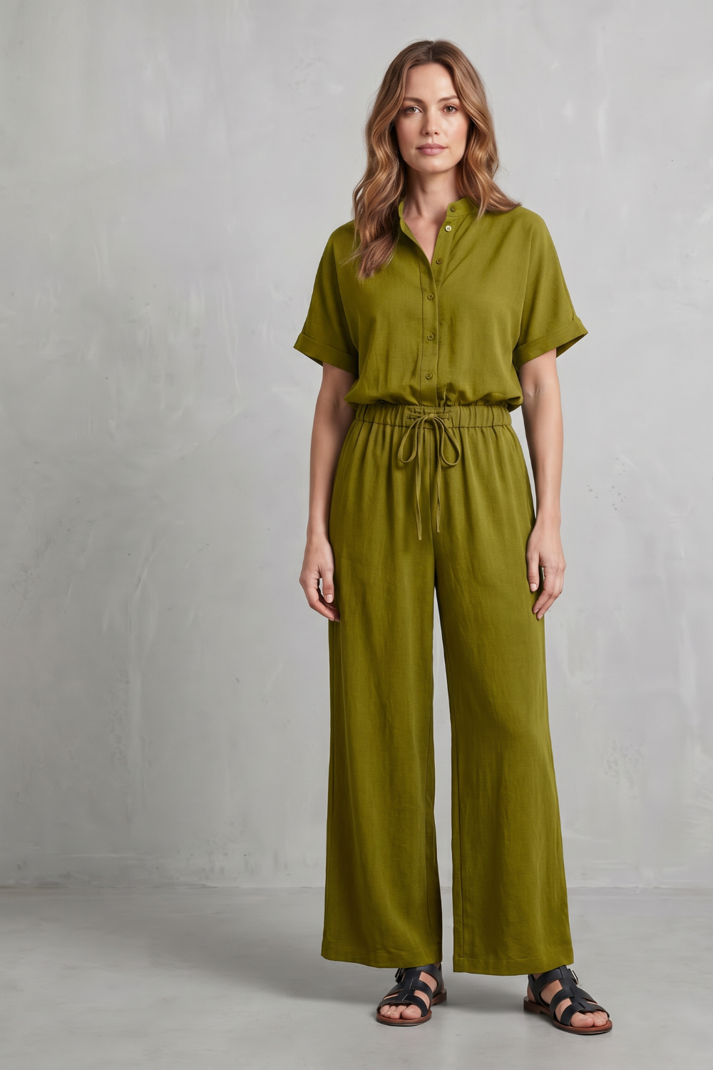 Olive colorway of the short-sleeve top and pants set, full-length view
