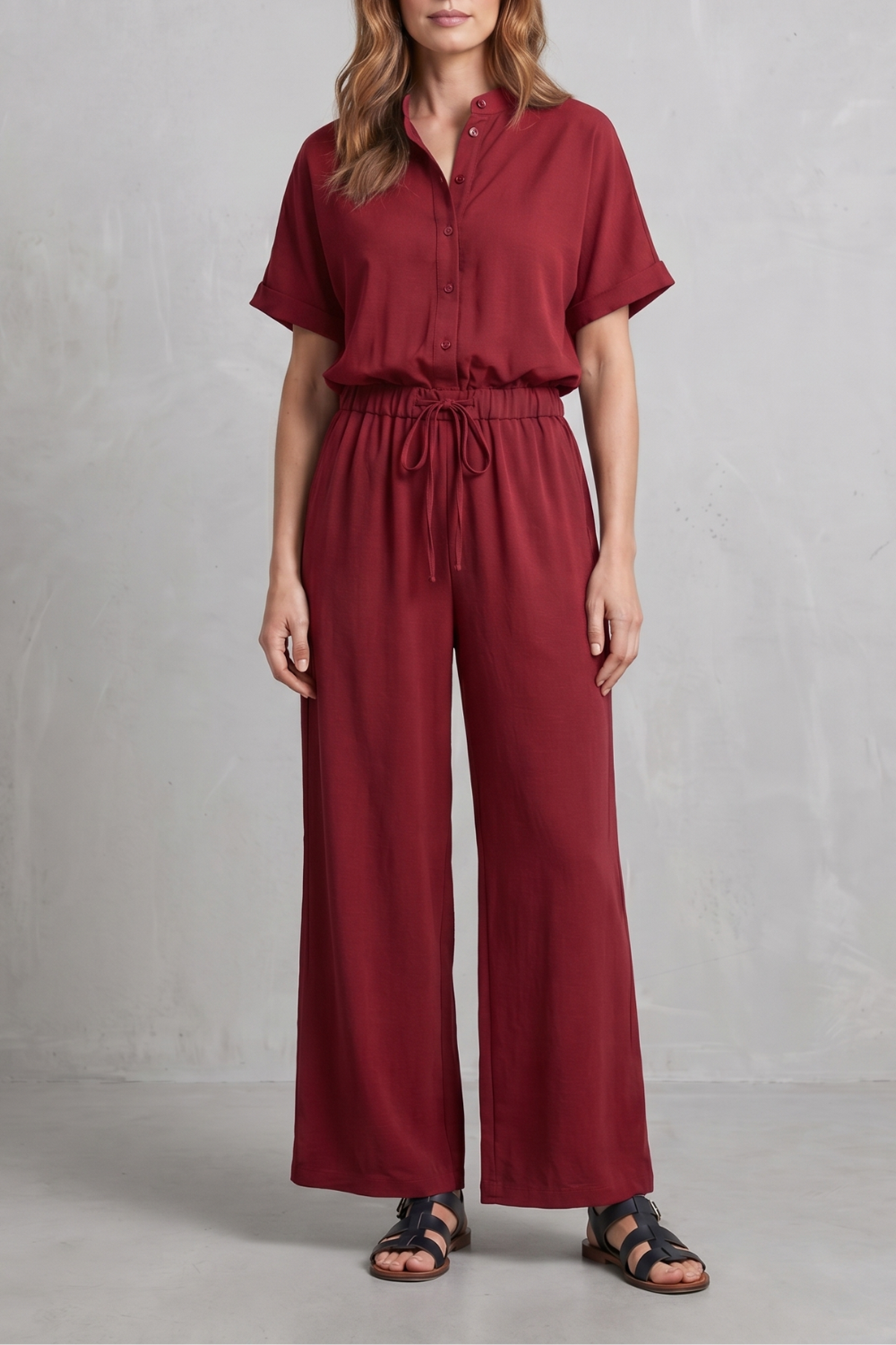 Crimson colorway of the short-sleeve top and pants set, full-length view