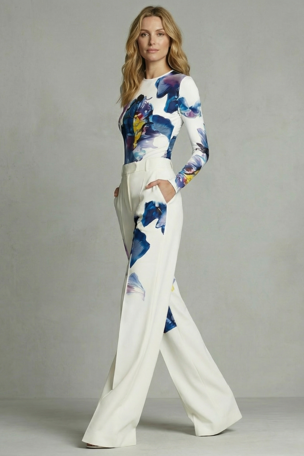 Detail close-up of the abstract colorblock floral print