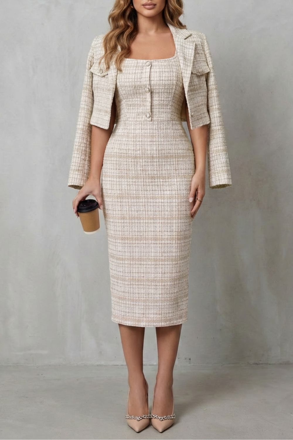 Light Blue colorway of the plaid blazer and midi dress set, full-length view