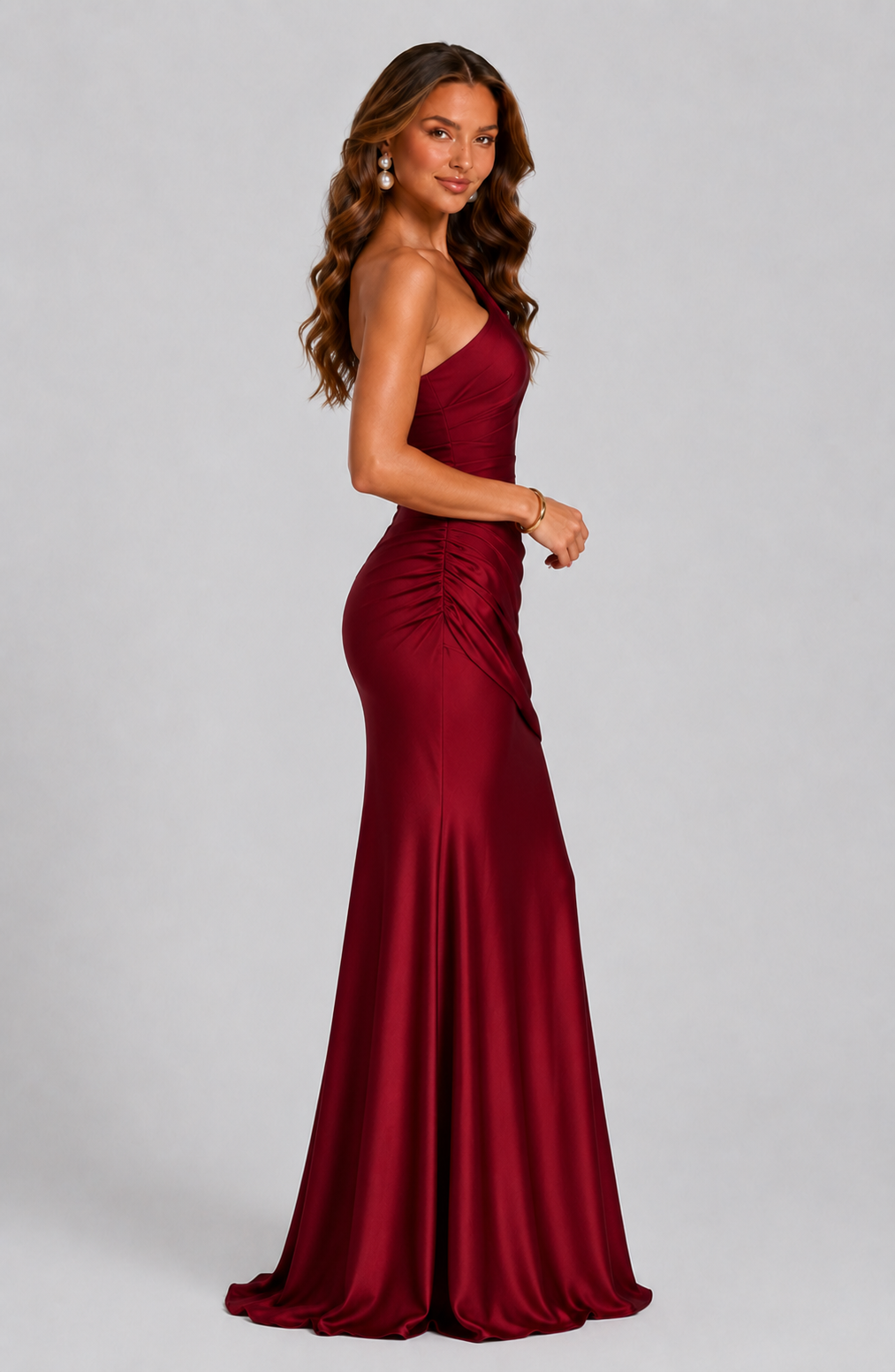 Women’s One-Shoulder Satin Maxi Dress with Draped Waist for Evening & Formal Wear