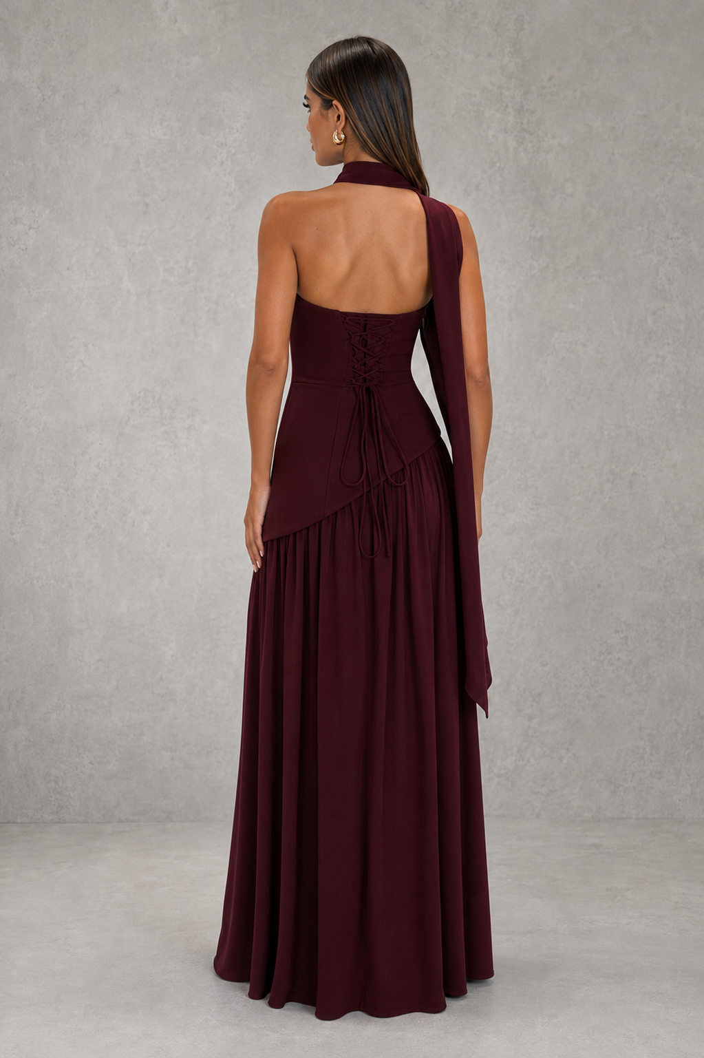 Women’s chiffon maxi dress with structured crepe bodice, adjustable lace-up back, flowing skirt, and thigh-high split for formal occasions.