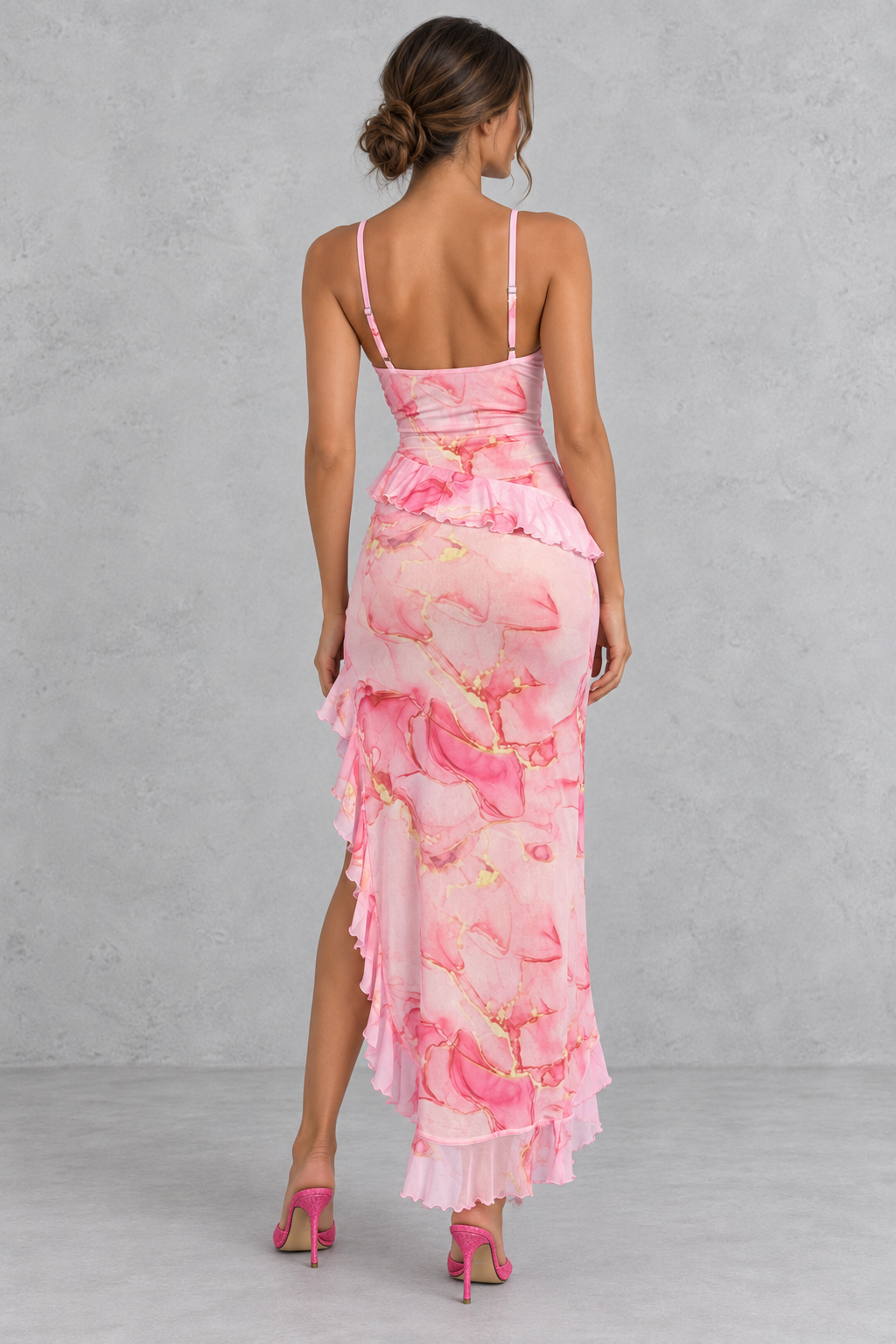 Women's Floral Ruched Maxi Wedding Guest Dress with Ruffle Detail