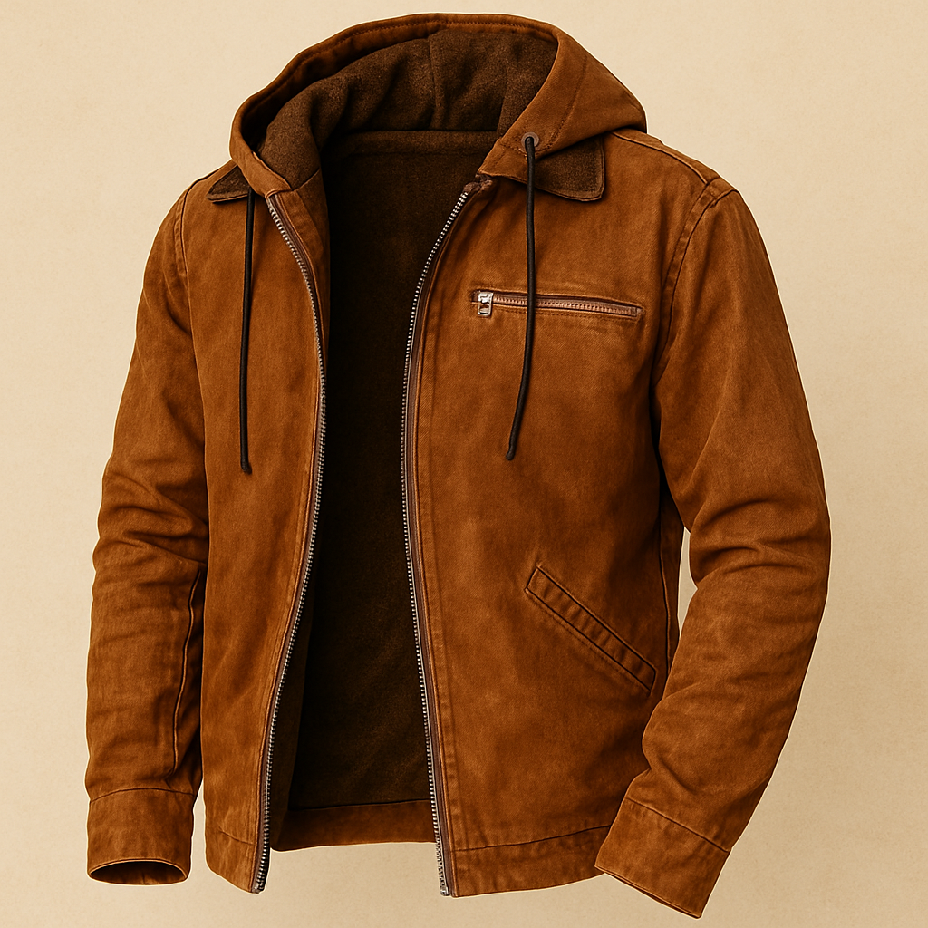 Brown leather jacket with a hood on a beige background