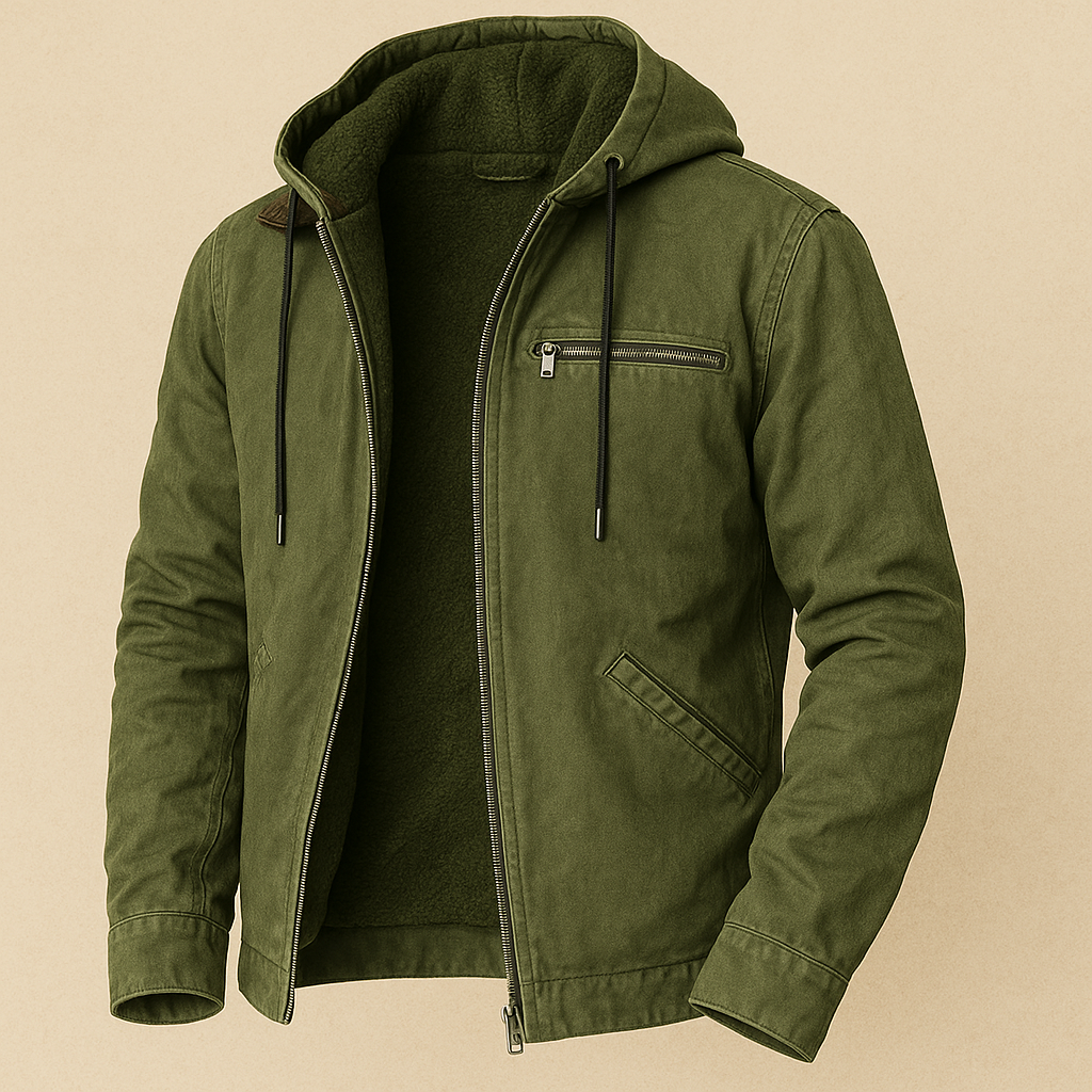 Green hooded jacket on a beige background