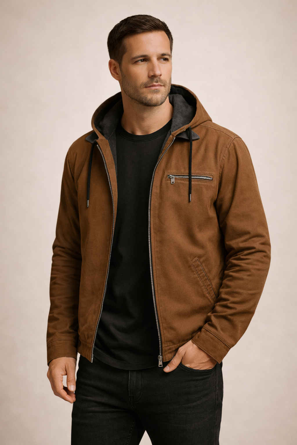 Man wearing a brown jacket with a hood against a beige background