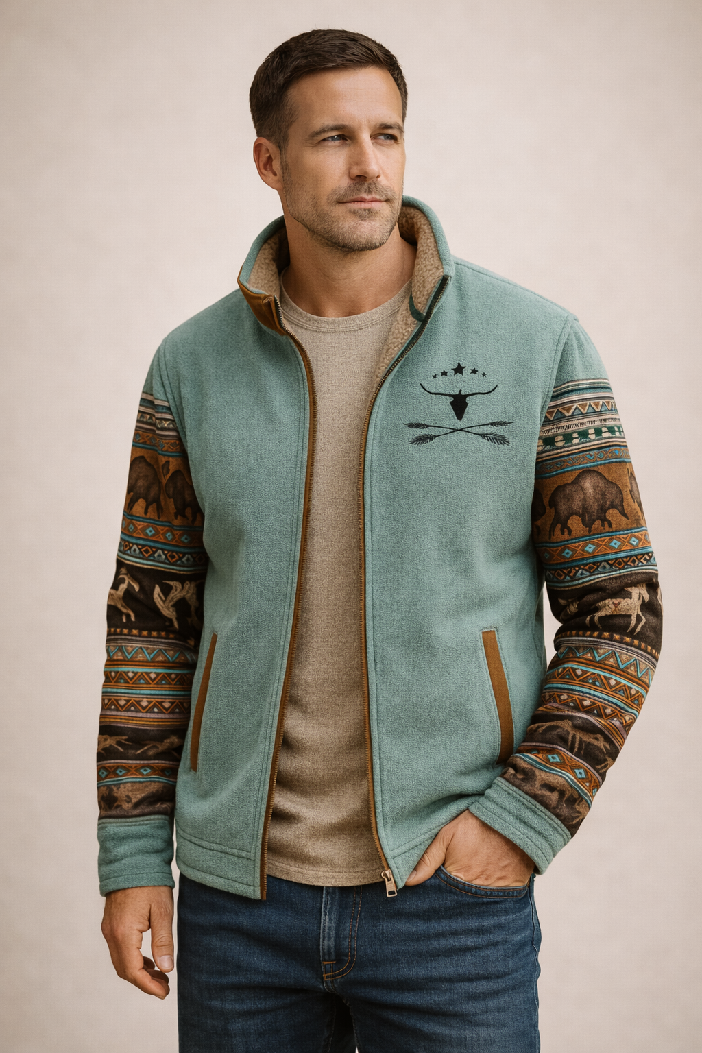 Man wearing a teal jacket with patterned sleeves on a beige background