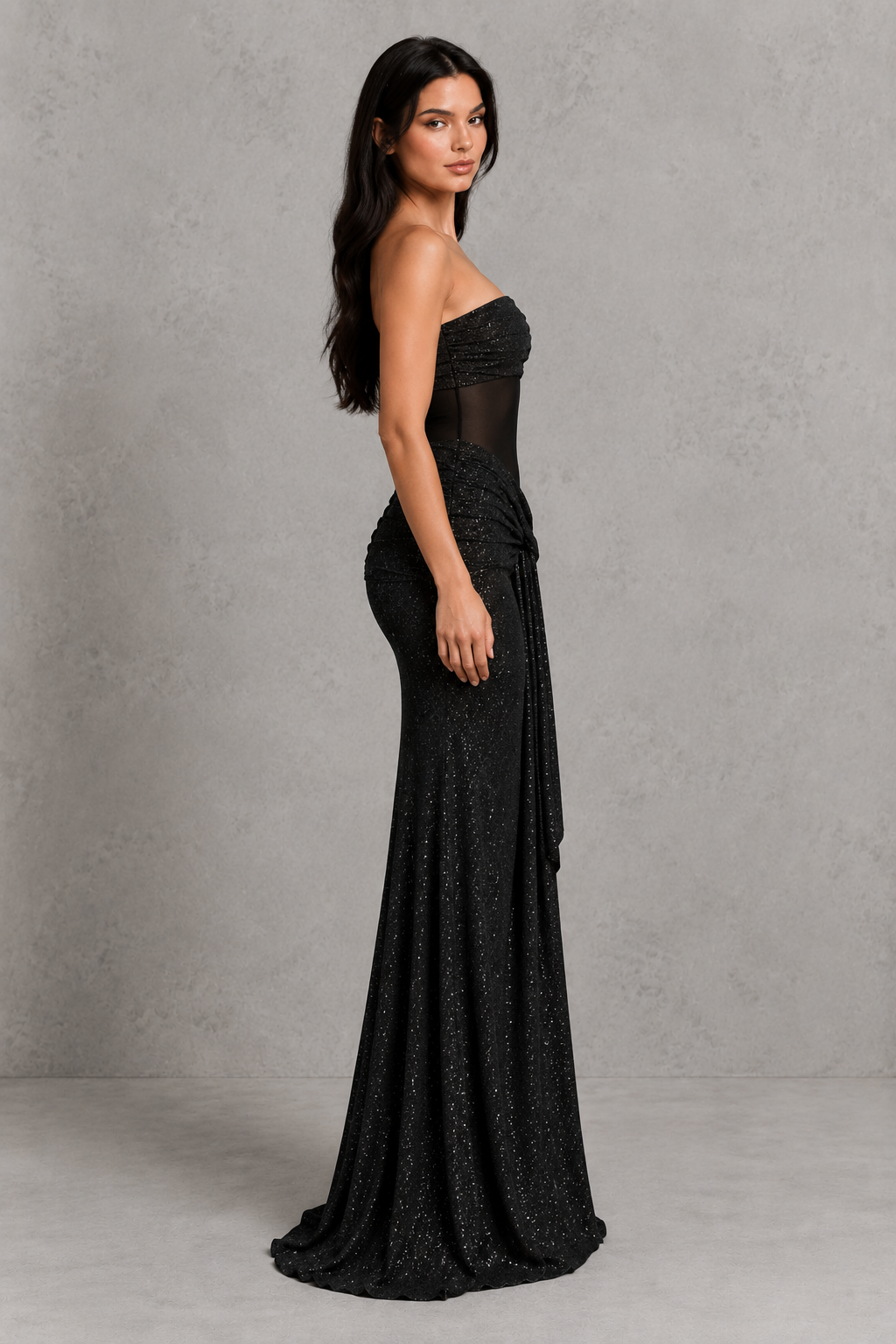 Women’s Strapless Glitter Maxi Dress with Ruched Waist Detail for Evening & Formal Wear