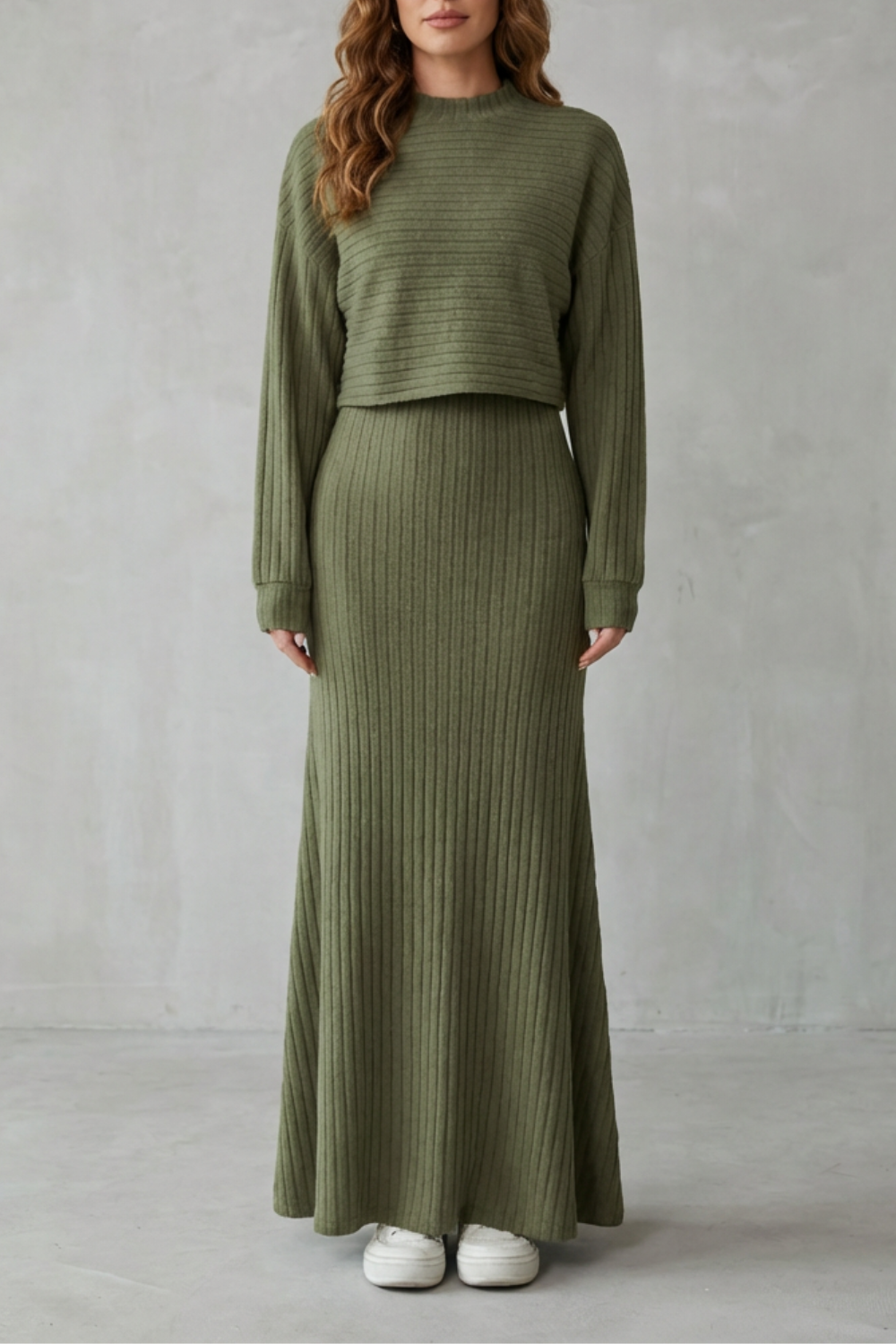 Women's ribbed knit maxi dress and cropped sweater set in olive, front view