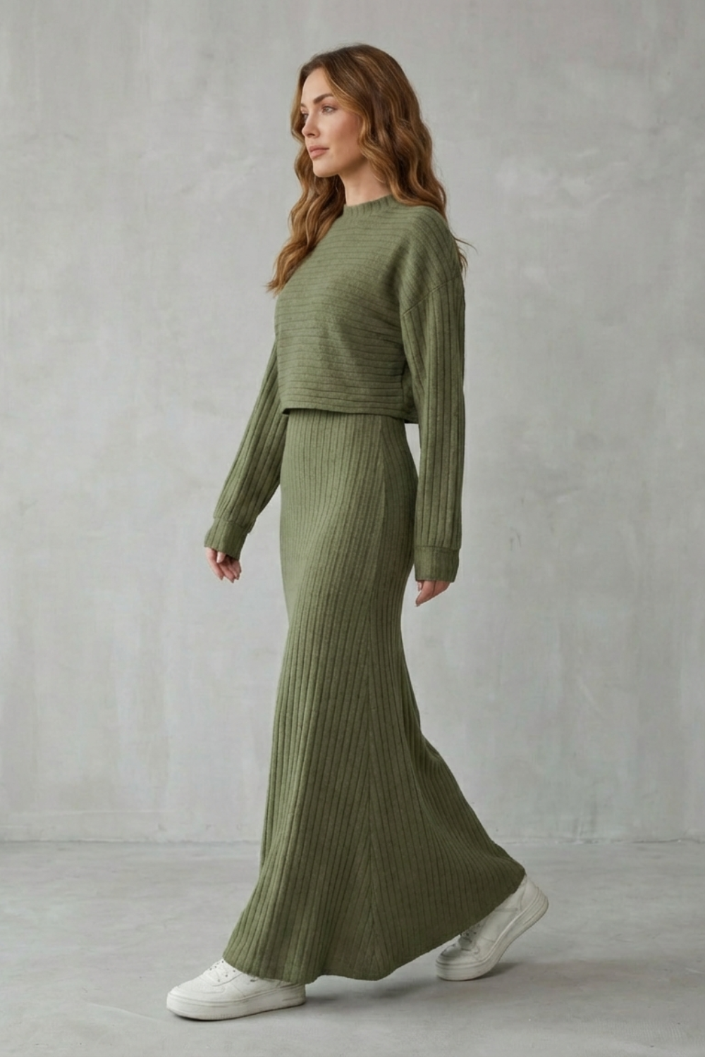 Back view of the ribbed knit maxi dress and batwing cropped sweater