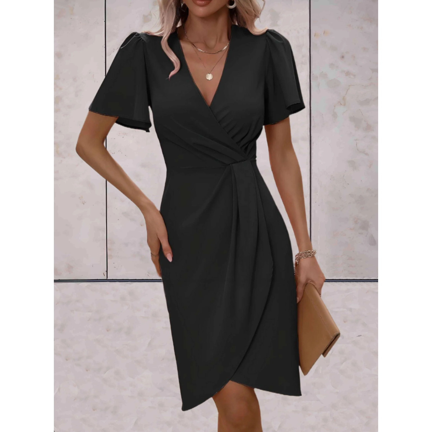 Women's Wrap Dress with V-Neck & Flowing Sleeves - Office & Evening Dress - Leah