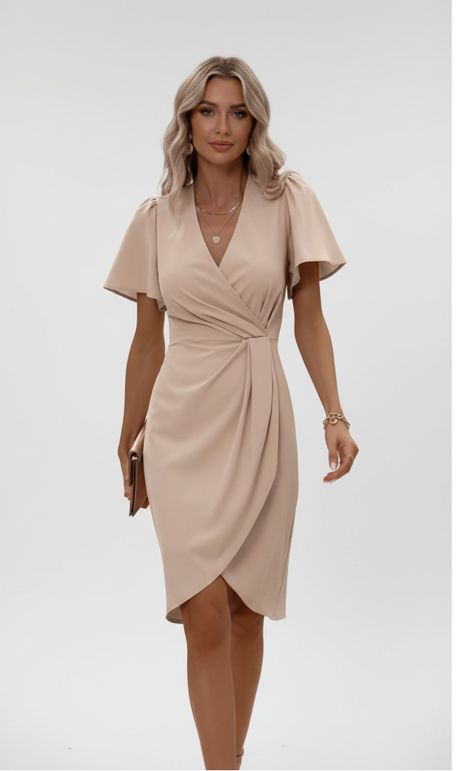 Women's Wrap Dress with V-Neck & Flowing Sleeves - Office & Evening Dress - Leah