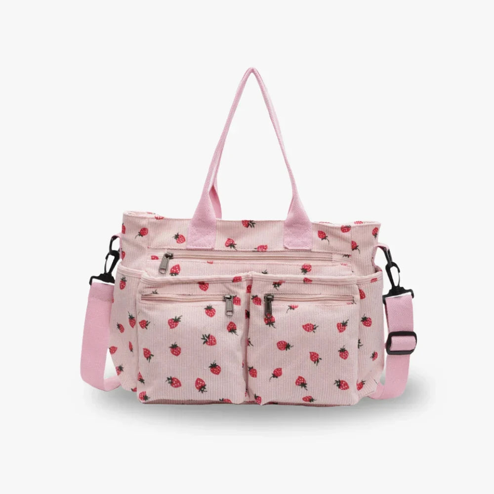 Women's Strawberry Print Canvas Tote Bag with Adjustable Shoulder Strap | Rosie
