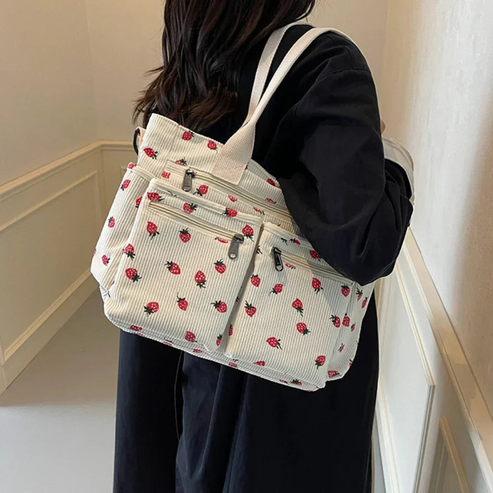Women's Strawberry Print Canvas Tote Bag with Adjustable Shoulder Strap | Rosie
