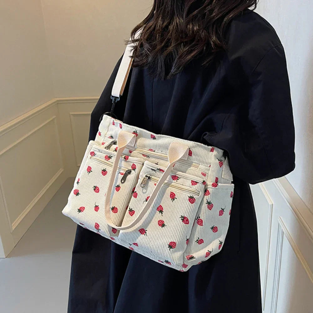 Women's Strawberry Print Canvas Tote Bag with Adjustable Shoulder Strap | Rosie