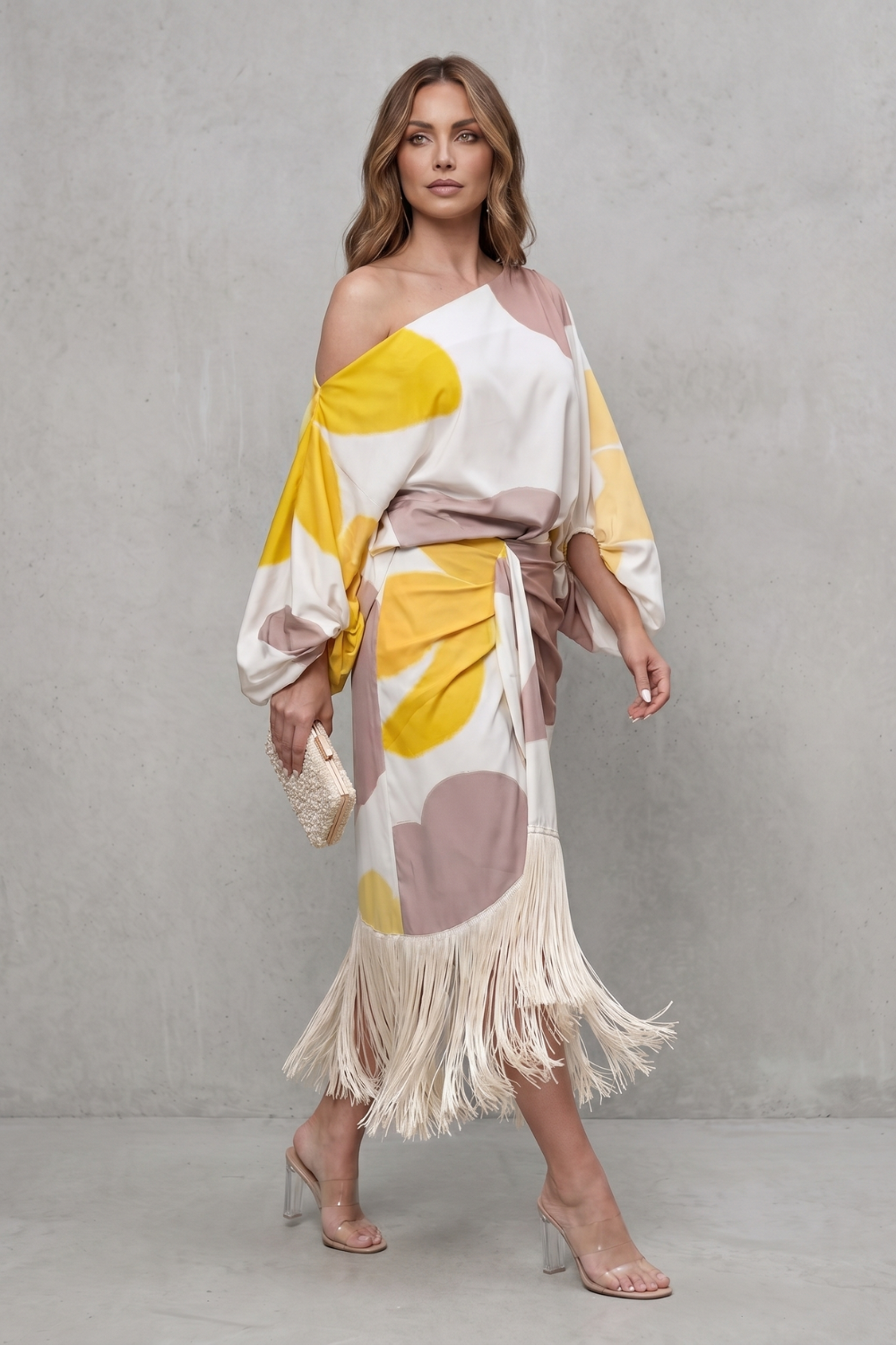 Back view of the abstract color-block two-piece set with fringe detail